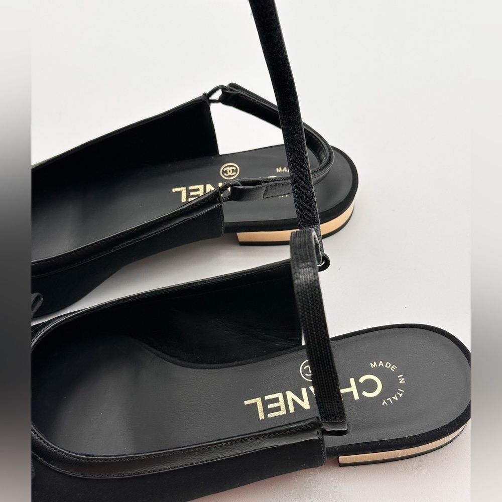 Chanel 2024 CC Logo Black Bow Grosgrain Slingback Ballerina Flats EU 37 - Picture 14 of 15